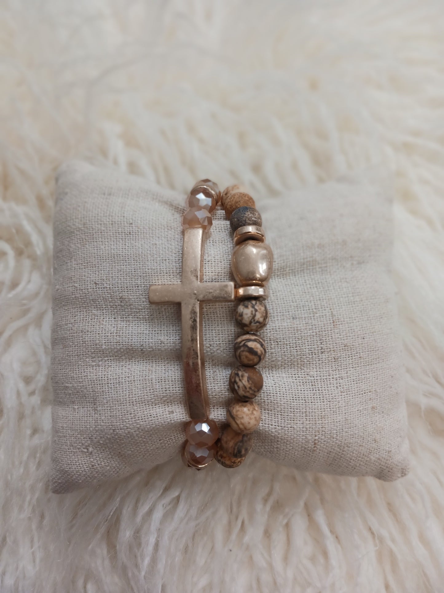 Cross Charm Stone Beaded Bracelet Set