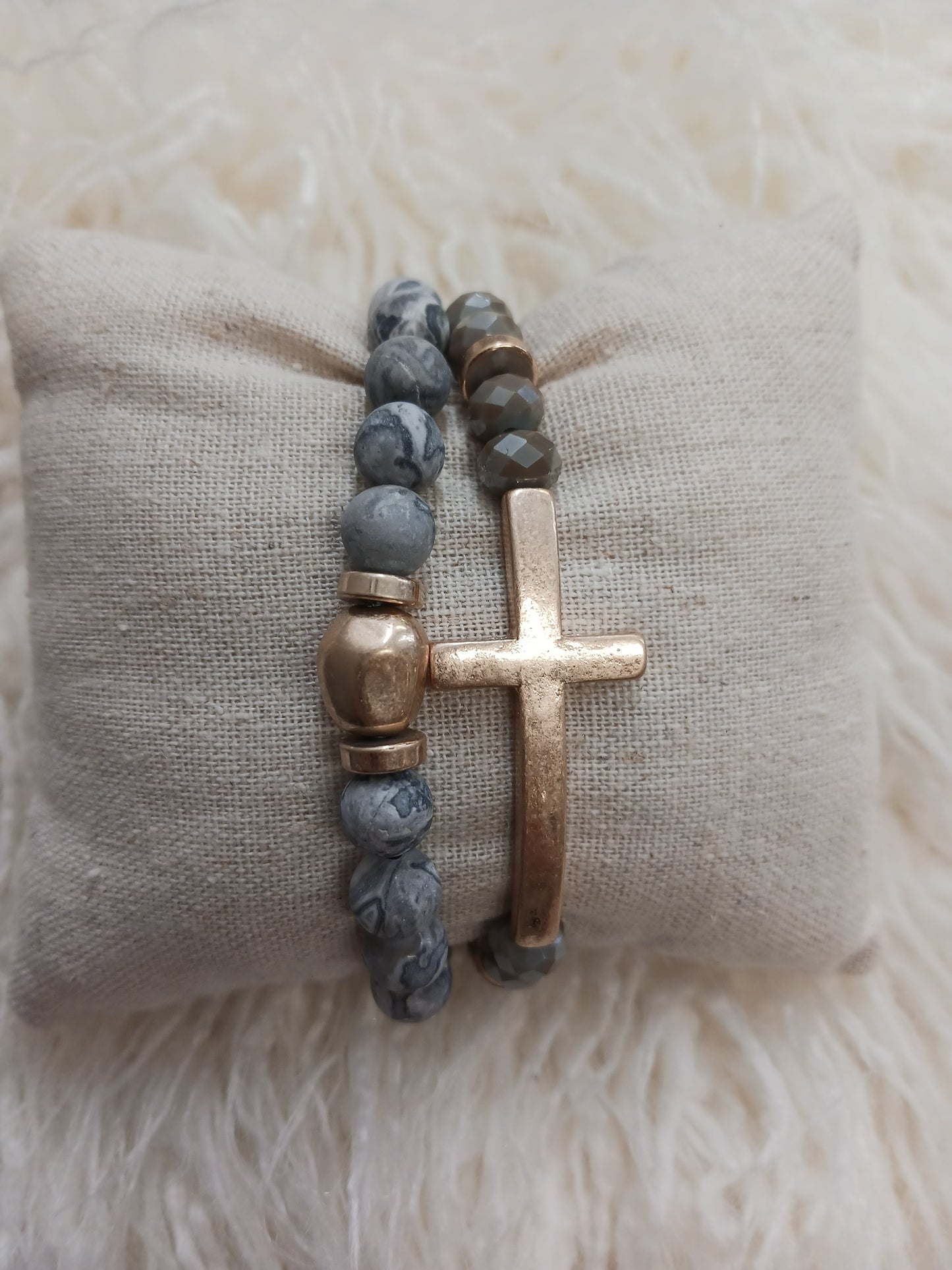 Cross Charm Stone Beaded Bracelet Set
