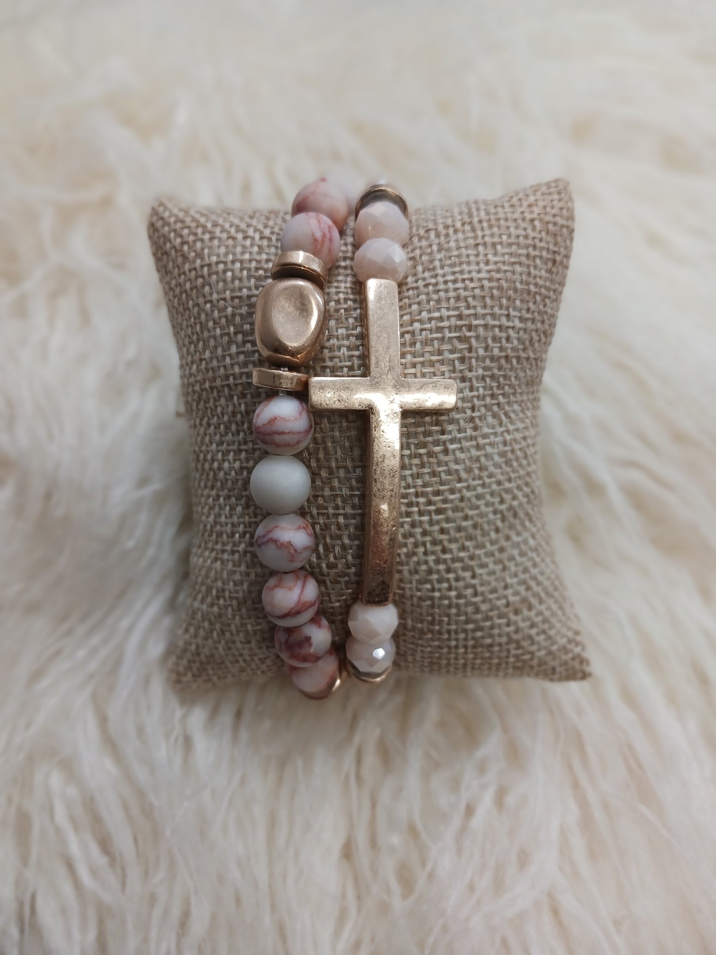 Cross Charm Stone Beaded Bracelet Set