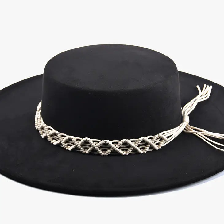 Jazzlyn Faux Suede Boater Hat w/ Macrame Band