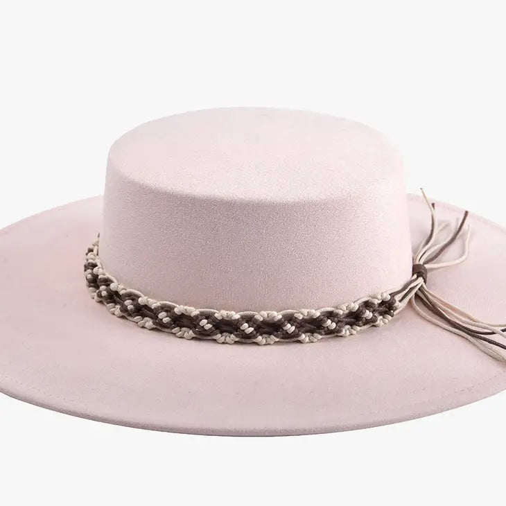 Jazzlyn Faux Suede Boater Hat w/ Macrame Band