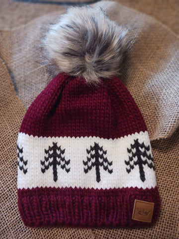 Burgundy with Green Trees Pom Hat