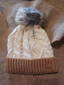 Ivory & Camel Trim Cable Knit Pom Hat