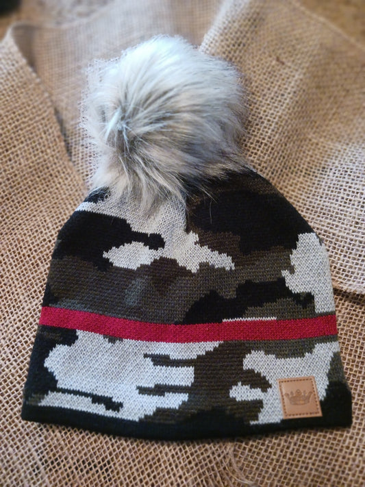 Green Camo with Red Stripe Pom Hat