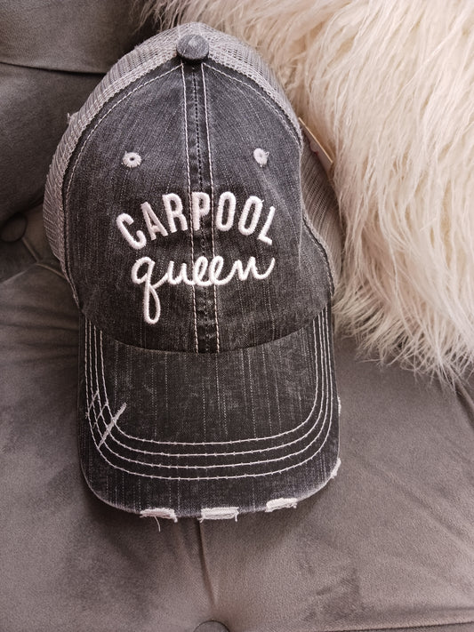 Carpool Queen Distressed Trucker Hat