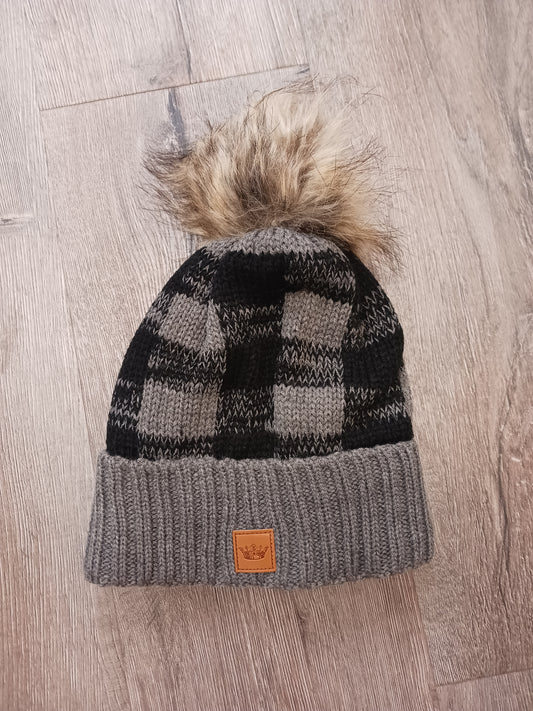 Black and Gray Plaid Pom Hat