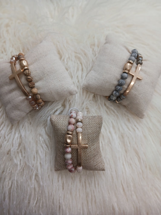 Cross Charm Stone Beaded Bracelet Set