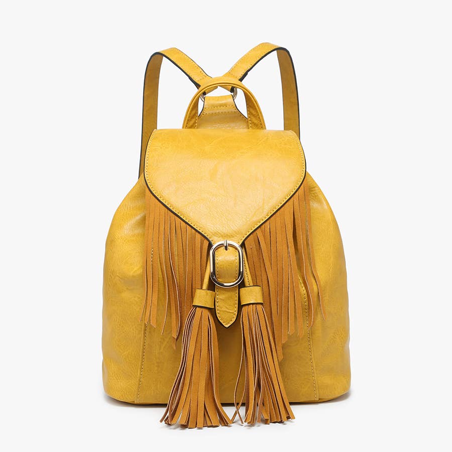 Jewel Distressed Bucket Backpack with Fringe