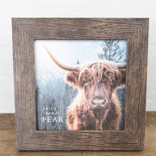 Faith Over Fear Highland Cow Rustic Art Picture Decor