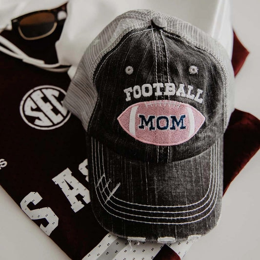 Pink Football Mom Embroidered Distressed Trucker Hat