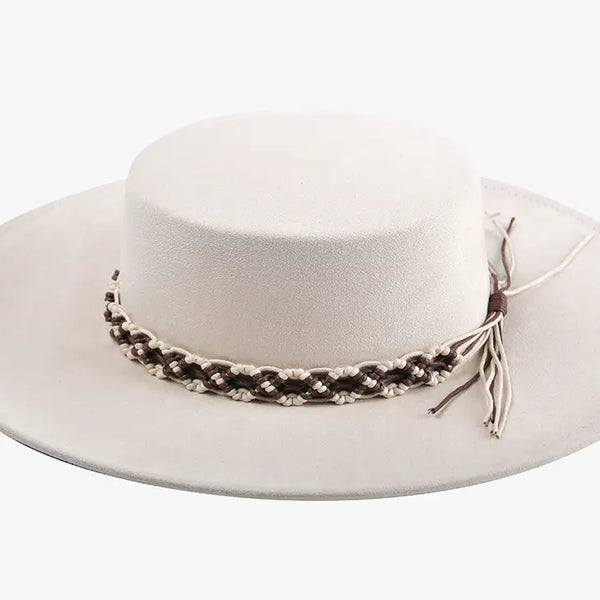 Jazzlyn Faux Suede Boater Hat w/ Macrame Band