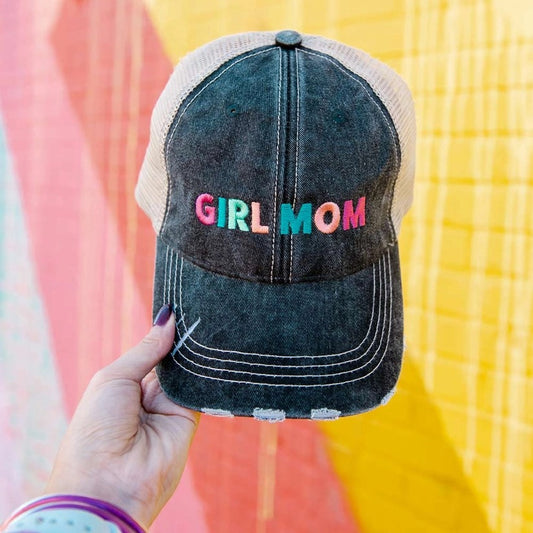 Girl Mom Embroidered Distressed Trucker Hat